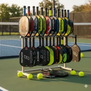 A display showcasing the full lineup of high-performance Onix pickleball paddles available.
