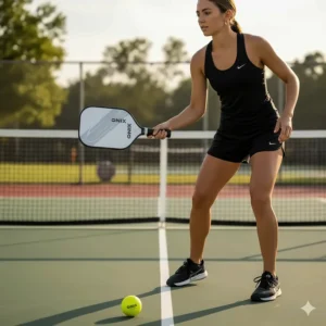 A player holding an Onix lightweight pickleball paddle, demonstrating ease of maneuverability.