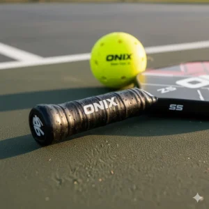 Close-up view of the Onix pickleball paddle perforated grip for comfort and sweat absorption.