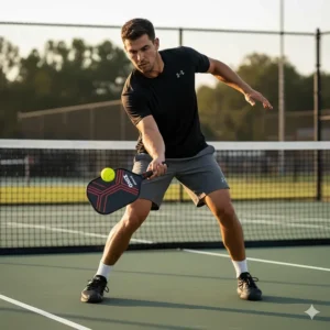 Action shot of an athlete hitting a powerful shot using an Onix pickleball paddle.