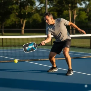 A pickleball player executing a two-handed backhand using a Prince pickleball paddle with a longer handle for extra leverage and comfort.
