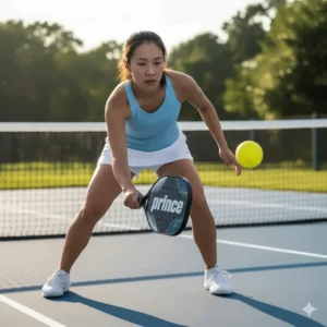 Pickleball player at the kitchen line demonstrating a controlled dink shot, showcasing the touch and control of the Prince pickleball paddle.