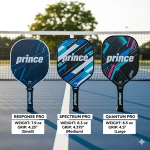A selection of Prince pickleball paddles demonstrating the variety of available weights and grip sizes for custom player fit.
