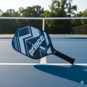 Prince Quantum Pro pickleball paddle, an elongated paddle designed with a 6-inch handle for extended reach and power on groundstrokes.