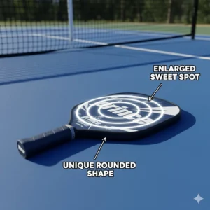 Diagram showing the Prince pickleball paddles' distinctive rounded face, which creates an enlarged, forgiving, and consistent sweet spot.